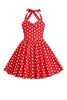 Carica l&#39;immagine nel visualizzatore di Gallery, Vestito da ragazza anni &#39;50 a pois vintage rosso con scollo all&#39;americana con fiocco
