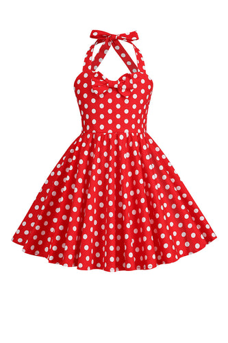 Vestito da ragazza anni '50 a pois vintage rosso con scollo all'americana con fiocco