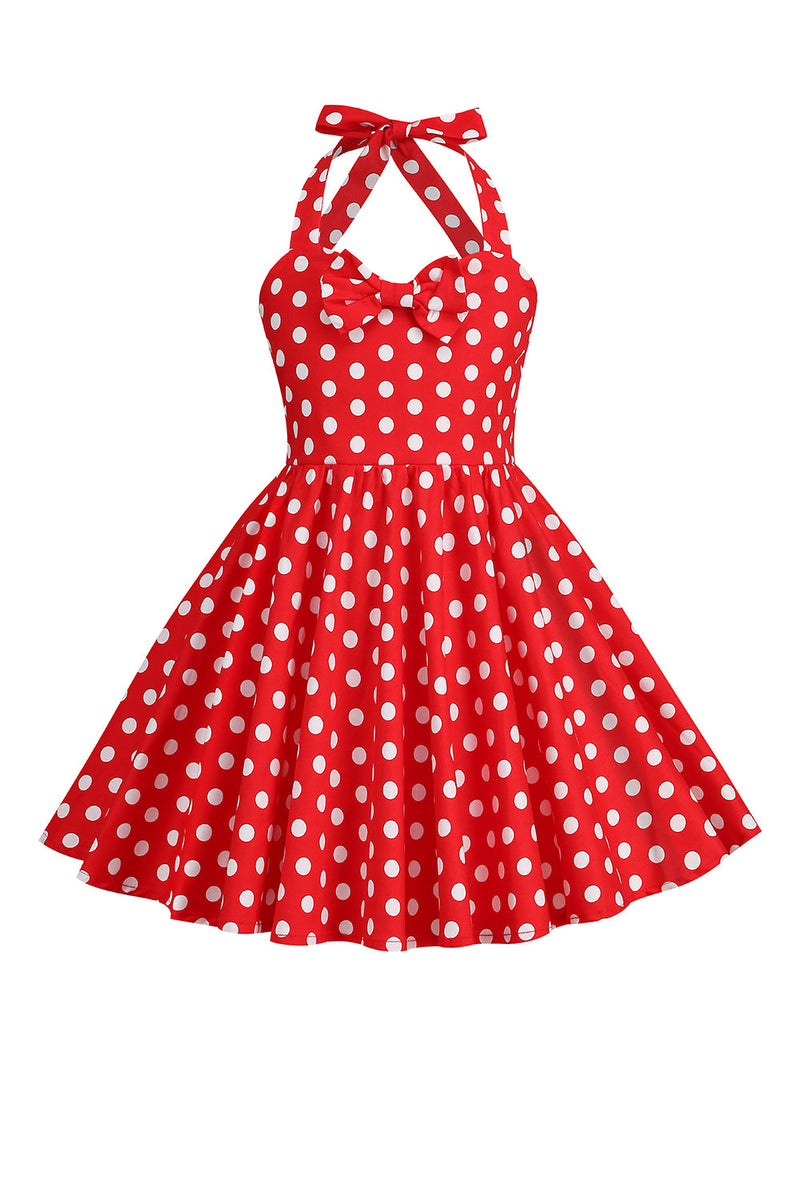 Carica l&#39;immagine nel visualizzatore di Gallery, Vestito da ragazza anni &#39;50 a pois vintage rosso con scollo all&#39;americana con fiocco