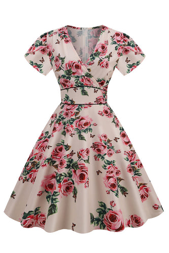 Rosa con scollo a V Stampa floreale altalena vestito vintage