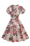 Rosa con scollo a V Stampa floreale altalena vestito vintage
