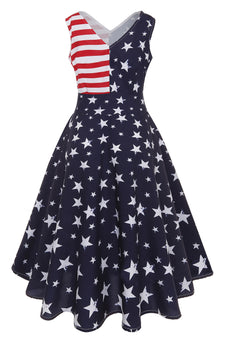 Navy V-scollo stelle strisce stampato 1950 vestito