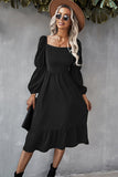 Abito casual midi a maniche lunghe con scollo quadrato arancione