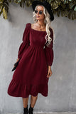 Abito casual midi a maniche lunghe con scollo quadrato arancione
