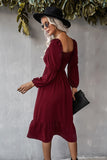 Abito casual midi a maniche lunghe con scollo quadrato arancione