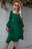 Abito casual midi a maniche lunghe con scollo quadrato arancione