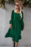 Abito casual midi a maniche lunghe con scollo quadrato arancione