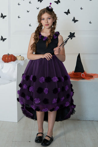 Abito da ragazza di Halloween in tulle alto basso viola scuro con fiore 3D
