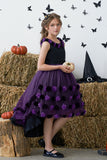 Abito da ragazza di Halloween in tulle alto basso viola scuro con fiore 3D