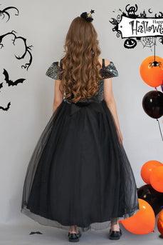 Nero spalla fredda paillettes tulle lungo Halloween ragazza vestito