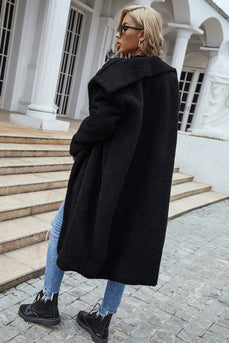 Cappotto da donna con pelliccia sintetica lunga nera con rever