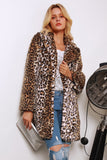 Cappotto da donna di pelliccia sintetica marrone stampato leopardo con taccheggio lungo