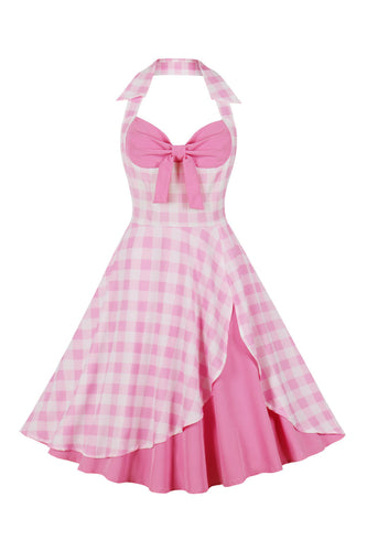 Stili retrò una linea Halter Neck rosa plaid 1950s Dress