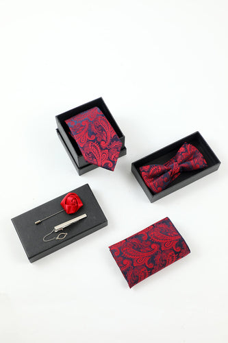 Burgundy Jacquard Set di accessori da uomo a 5 pezzi Cravatta e papillon Tasca Quadrata Fiore Rever Pin Tie Clip