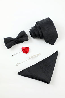 Nero Jacquard Uomo 5 pezzi Accessori Set Cravatta e Papillon Tasca Quadrato Fiore Rever Pin Tie Clip