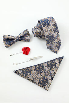 Navy Uomo Jacquard 5-Piece Accessory Set Cravatta e Papillon Pocket Square Flower Lapel Pin Tie Clip