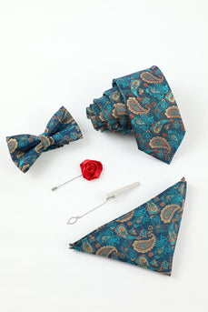 Lake Blue Jacquard Set di accessori da uomo da 5 pezzi Cravatta e papillon Tasca Quadrata Fiore Rever Pin Tie Clip