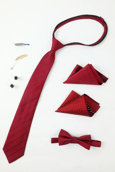 Borgogna Set di accessori da uomo Cravatta e papillon Due tasche Con risvolto quadrato Pin Tie Clip Gemelli