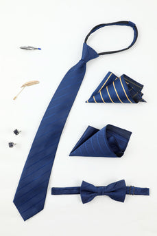 Royal Blue Men's Accessory Set Stripe Tie and Bow Tie Two Pocket Square Lapel Pin Tie Clip Gemelli