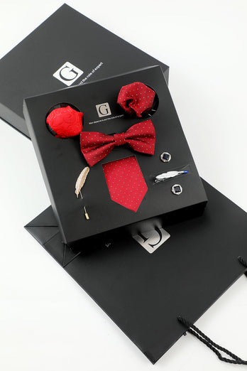 Set di accessori da uomo rosso Cravatta e papillon Due tasche quadrate Pin Tie Clip Gemelli