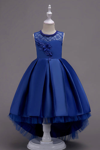 Alto vestito della ragazza del fiore blu basso con perline