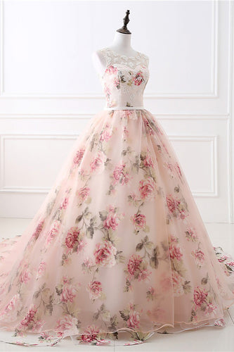 A-Line fiore stampato fard abito da sposa con perline