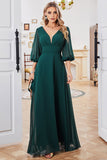 Dark Green A-line maniche lunghe scollo a V madre della sposa vestito