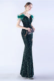 Sirena Spaghetti Straps Paillettes Abito da sera formale con piume