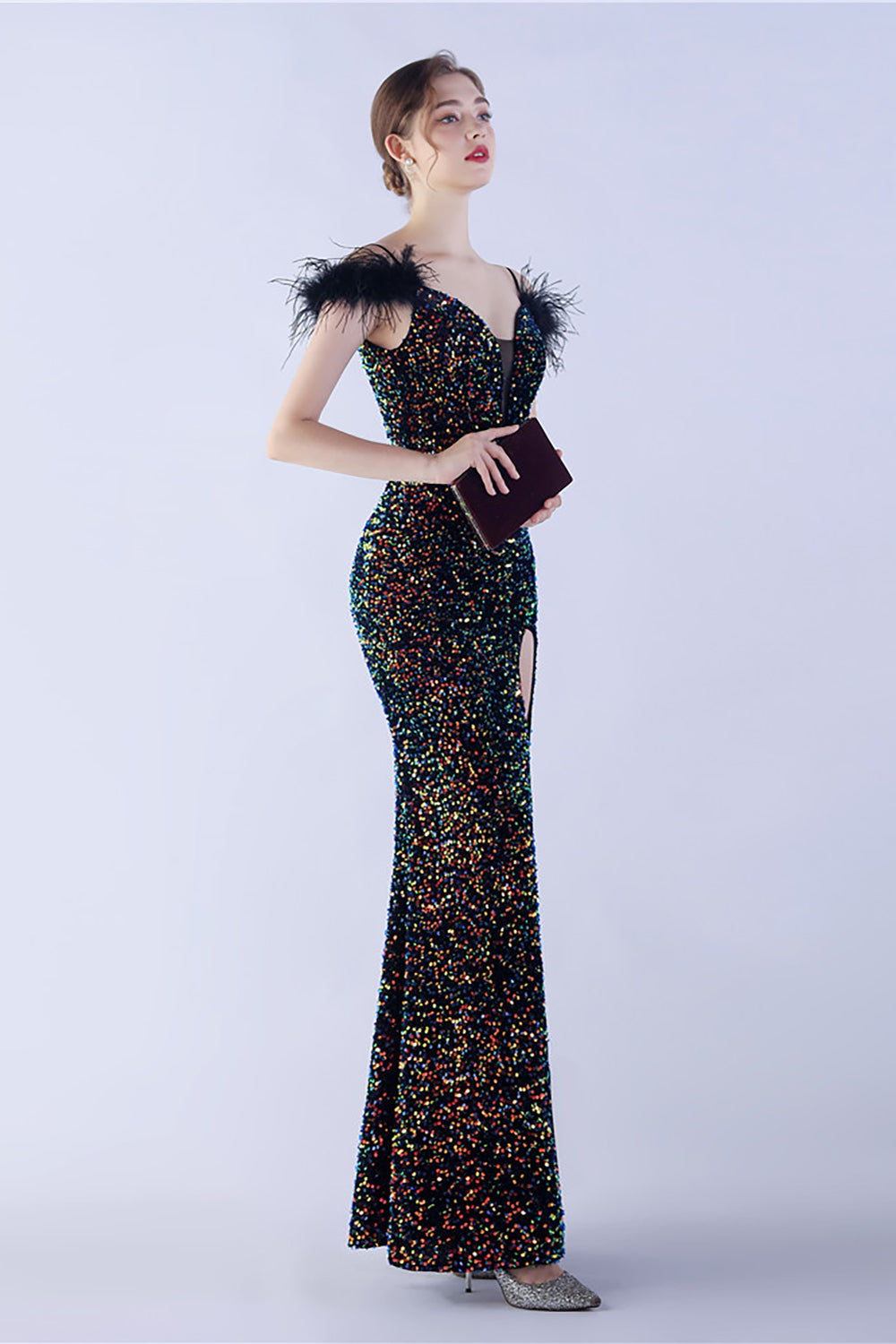 Sirena Spaghetti Straps Paillettes Abito da sera formale con piume