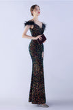 Sirena Spaghetti Straps Paillettes Abito da sera formale con piume