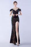 Sirena Spaghetti Straps Paillettes Abito da sera formale con piume