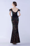 Sirena Spaghetti Straps Paillettes Abito da sera formale con piume