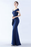 Navy Off the Shoulder Mermaid Crepe Abito formale con fessura