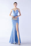 Glitter Sirena Spaghetti Straps Perline Sinfonia Nero Abito Formale Con Fessura Laterale