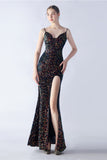 Glitter Sirena Spaghetti Straps Perline Sinfonia Nero Abito Formale Con Fessura Laterale