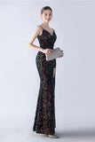 Glitter Sirena Spaghetti Straps Perline Sinfonia Nero Abito Formale Con Fessura Laterale