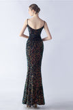 Glitter Sirena Spaghetti Straps Perline Sinfonia Nero Abito Formale Con Fessura Laterale