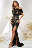 Nero Oro Sirena Una Spalla Paillettes Prom Dress con Fessura