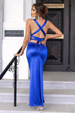 Royal Blue Mermaid Open Back Prom Dress con fessura