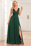 A-Line Sparkly V-Neck Verde scuro Prom Dress con fessura