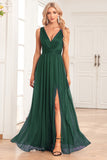 A-Line Sparkly V-Neck Verde scuro Prom Dress con fessura