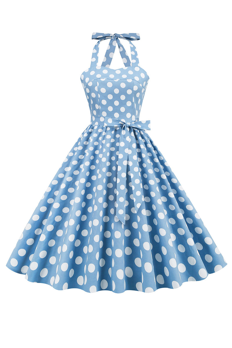 Carica l&#39;immagine nel visualizzatore di Gallery, Halter Blue Polka Dots Abito anni 50
