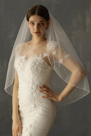 Velo da sposa di media lunghezza con perline bianche fatte a mano