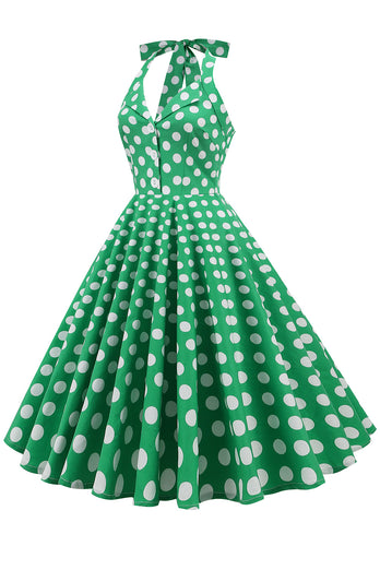 Abito anni '50 Verde Halter Polka Dots