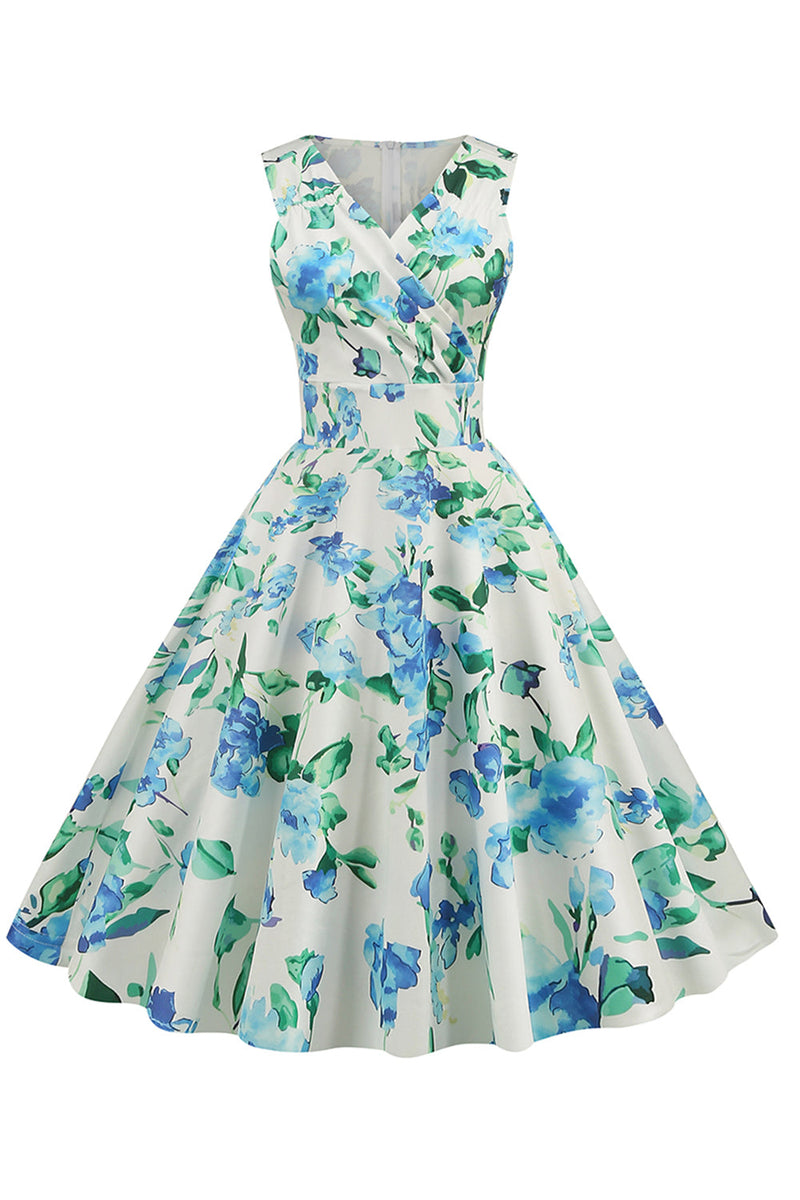 Carica l&#39;immagine nel visualizzatore di Gallery, Abito Vintage Azzurro Con Scollo a V anni 50