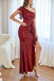 Paillettes rosse Mermaid Long Prom Dress con volant