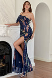 Navy One Shoulder Paillettes Prom Abito con spacco