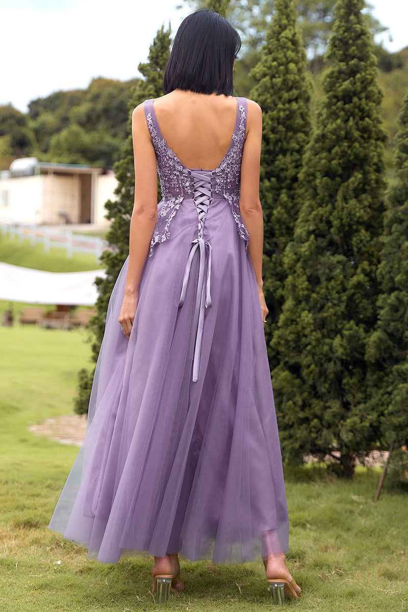 Carica l&#39;immagine nel visualizzatore di Gallery, A Line V Neck Purple Long Prom Dress with Appliques