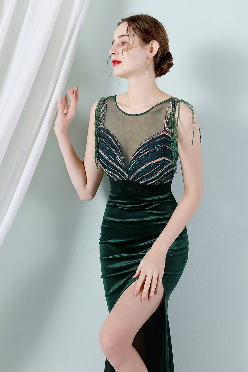 Carica l&#39;immagine nel visualizzatore di Gallery, Abito da ballo con collo a sirena Bateau verde scuro