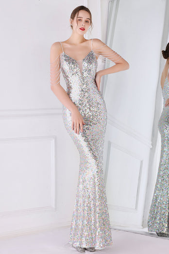 Spaghetti di Paillettes Rosa Argento Spaghetti Cinturini Sirena Prom Dress